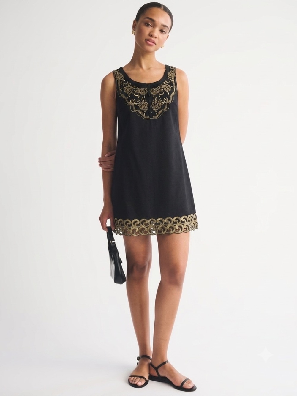 VTG Free People Black Gold Embroidered Shift Dress Cutout Hem Whimsigoth Sz 4
